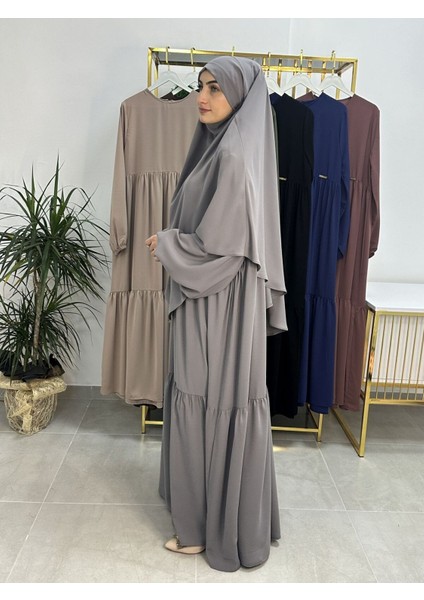 Ferace & Abaya Sufle Eşarp ve Iki Kat Büzgülü Elbise Takım.hijab .hac ve Umre Için Uygundur Gri fiyatları
