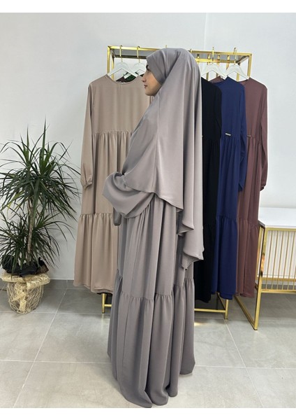 Ferace & Abaya Sufle Eşarp ve Iki Kat Büzgülü Elbise Takım.hijab .hac ve Umre Için Uygundur Gri modelleri