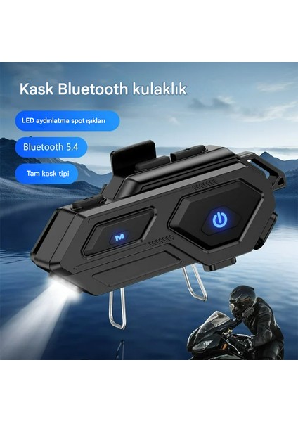 Motosiklet Kask Bluetooth 5.4 Interkom Kulaklık Seti Siyah LED Işıklı 1000MAH Batarya Hi-Fi Ses Su Geçirmez Aktif Gürültü Önleyici (Tam Kask Uyumlu)
