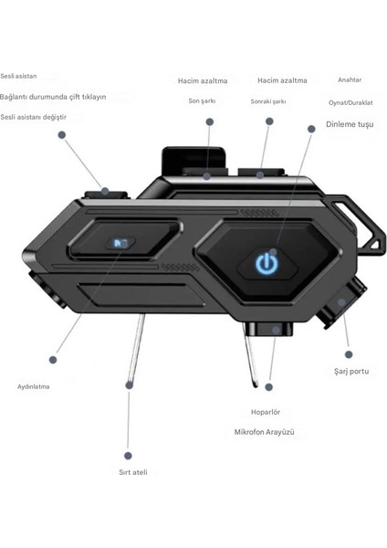 Motosiklet Kask Bluetooth 5.4 Interkom Kulaklık Seti Siyah LED Işıklı 1000MAH Batarya Hi-Fi Ses Su Geçirmez Aktif Gürültü Önleyici (Tam Kask Uyumlu) fiyatları