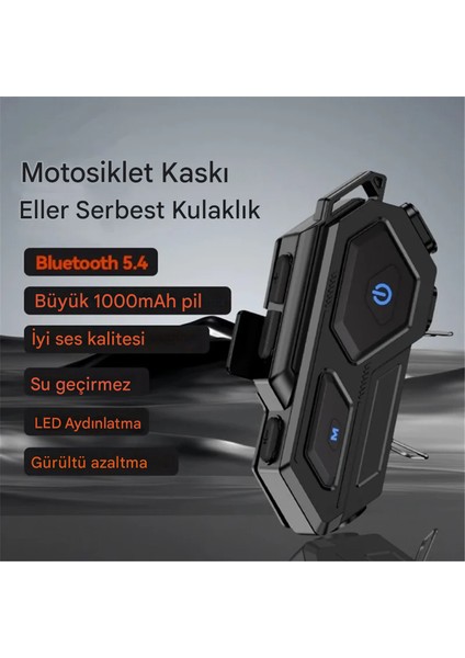 Motosiklet Kask Bluetooth 5.4 Interkom Kulaklık Seti Siyah LED Işıklı 1000MAH Batarya Hi-Fi Ses Su Geçirmez Aktif Gürültü Önleyici (Tam Kask Uyumlu)