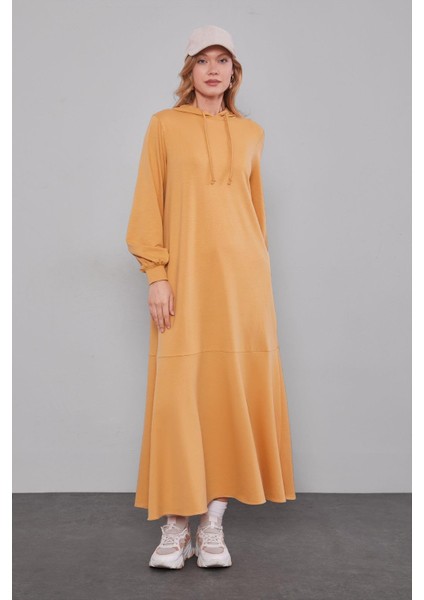 Hardal Kapuşonlu Gizli Cep Detaylı Elbise