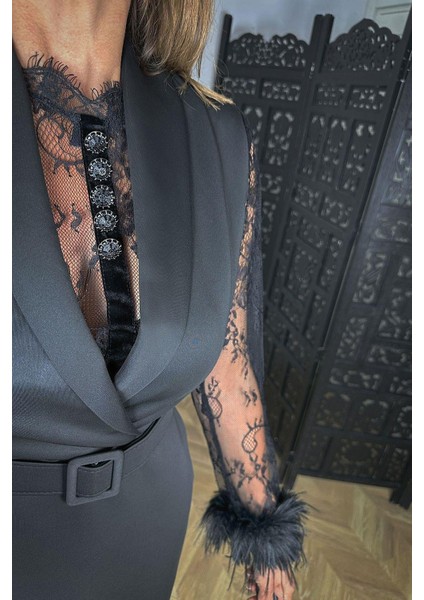 G1539 Otriş ve Dantel Detaylı Tasarım Elbise Siyah fiyatları