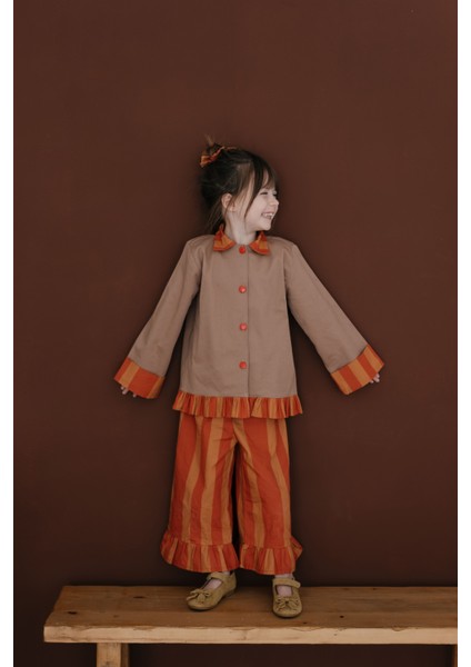 Mabel Düz Kesim Fırfırlı Paça Kiremit Turuncu Çizgili Lastikli Kız Çocuk Pantolon