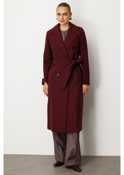 Kadın Beli Kuşaklı Kruvaze Yaka Kaban 6063 Bordo