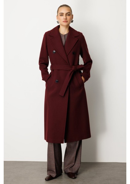 Kadın Beli Kuşaklı Kruvaze Yaka Kaban 6063 Bordo fiyatları