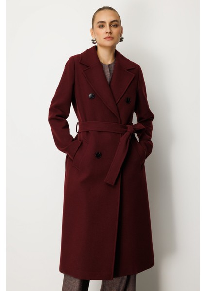 Kadın Beli Kuşaklı Kruvaze Yaka Kaban 6063 Bordo modelleri