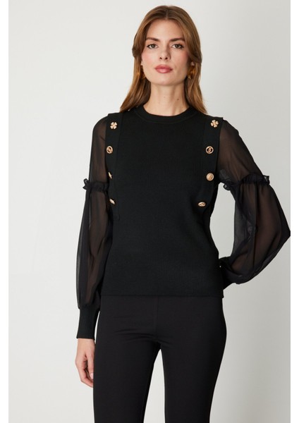 Kadın Balon Kol Süs Düğmeli Triko Kazak 60416 Siyah fiyatları
