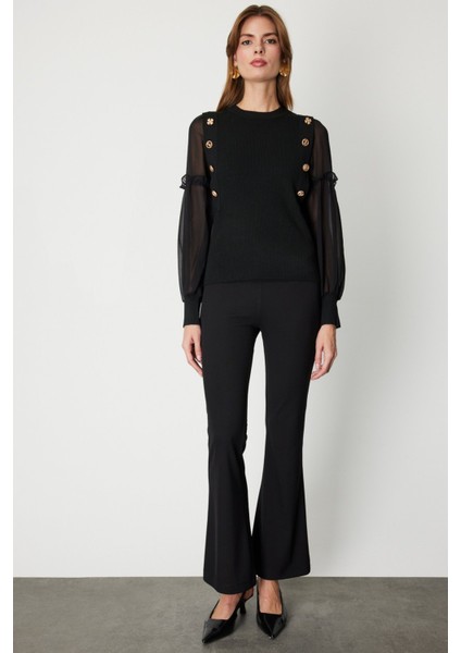 Kadın Balon Kol Süs Düğmeli Triko Kazak 60416 Siyah modelleri