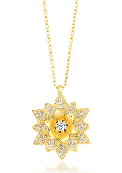 925 Ayar Gümüş Gold Beyaz Taşlı Lotus Çiçeği Kadın Kolye