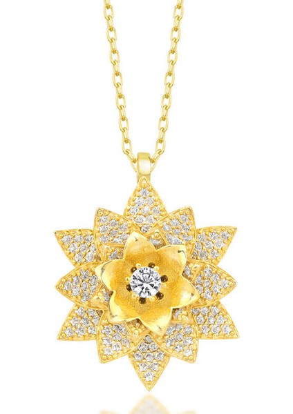 925 Ayar Gümüş Gold Beyaz Taşlı Lotus Çiçeği Kadın Kolye indirimleri