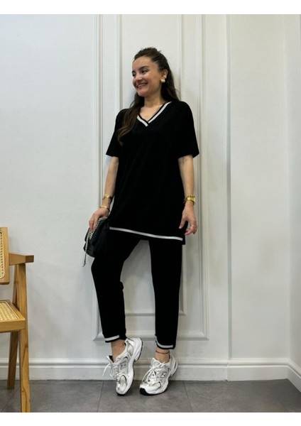 Kadın Kısa Kollu V Yakalı Iki Iplik Bluz ve Pantolon Ikili Takım