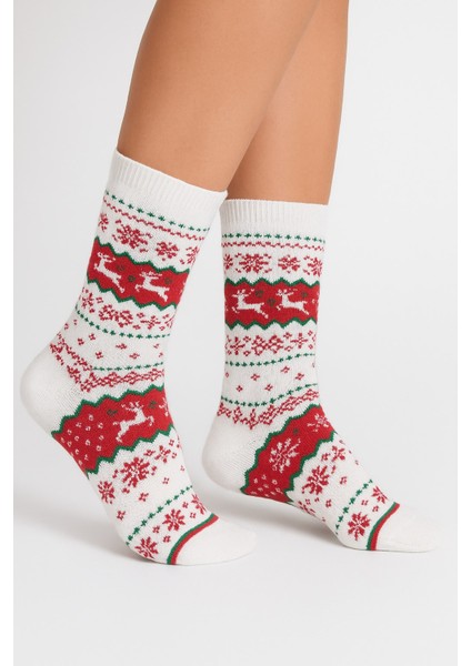 Kadın Yılbaşı Havlu Desenli Çorap – Pamuklu, Kalın ve Sıcak Tutan Noel Temalı Tekli Çorap