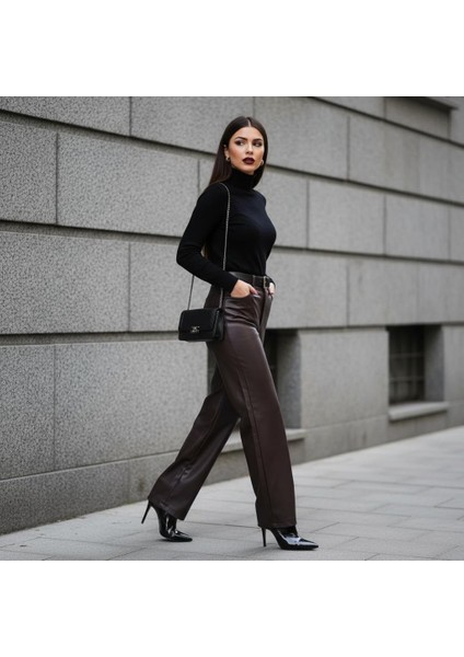 Acı Kahve Yumuşak Astar Detaylı Suni Deri Palazzo Pantolon - FW25