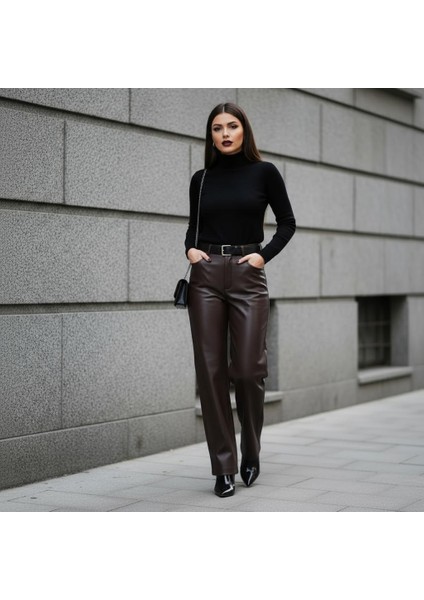 Acı Kahve Yumuşak Astar Detaylı Suni Deri Palazzo Pantolon - FW25 fiyatları