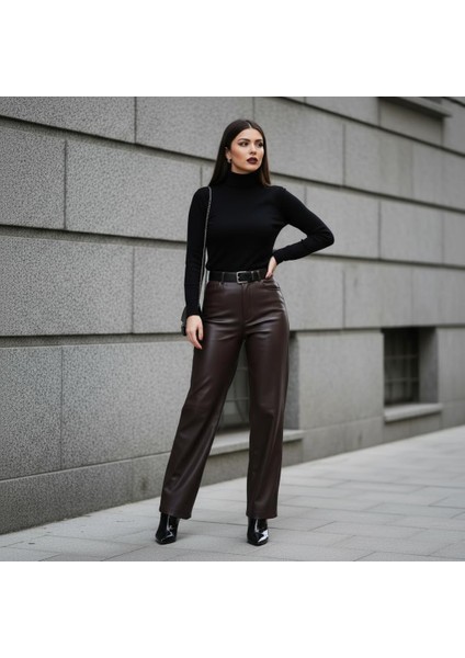 Acı Kahve Yumuşak Astar Detaylı Suni Deri Palazzo Pantolon - FW25 modelleri