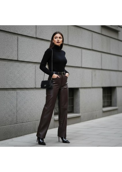 Acı Kahve Yumuşak Astar Detaylı Suni Deri Palazzo Pantolon - FW25 fırsatları