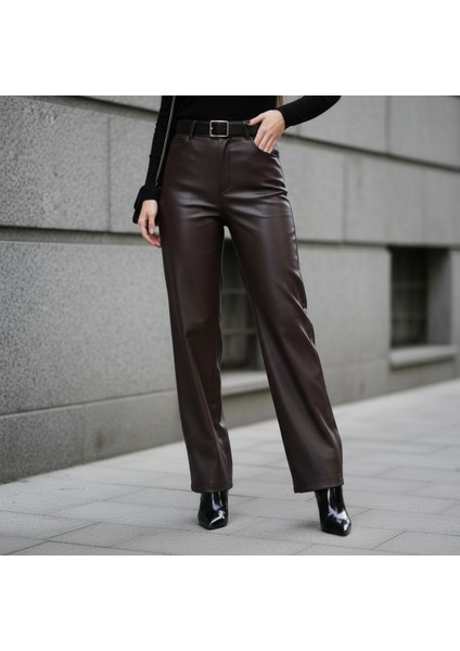 Acı Kahve Yumuşak Astar Detaylı Suni Deri Palazzo Pantolon - FW25 indirimleri