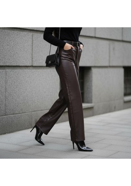 Acı Kahve Yumuşak Astar Detaylı Suni Deri Palazzo Pantolon - FW25