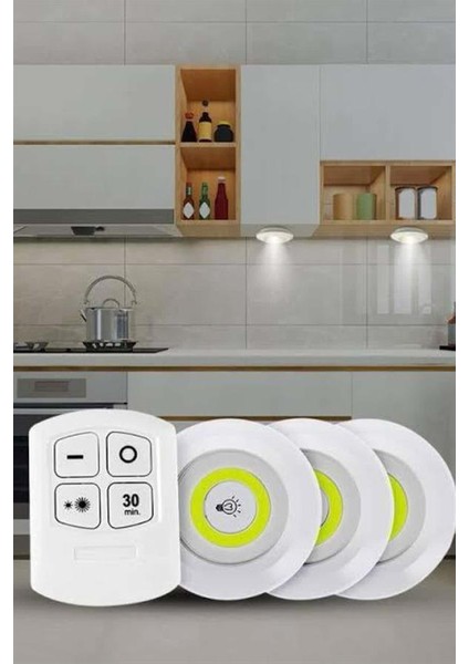 Yapışkanlı 3'lü Spot LED Işık Lamba Montajsız Pilli Uzaktan Kumandalı - M026R634-K70026 modelleri