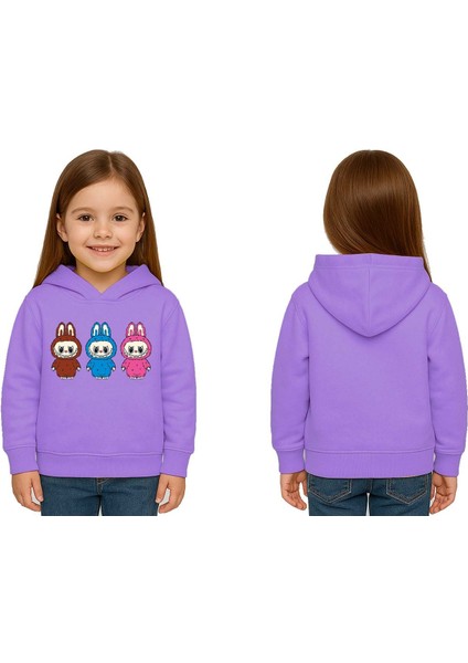 Unisex Baskılı Çocuk Swaetshirt Labubu Baskılı Kapüşonlu 3 Iplik Şardonlu