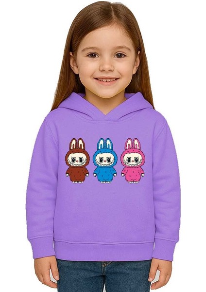 Unisex Baskılı Çocuk Swaetshirt Labubu Baskılı Kapüşonlu 3 Iplik Şardonlu modelleri