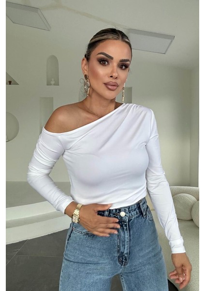 Omuz Açık Uzun Kol Bluz Beyaz