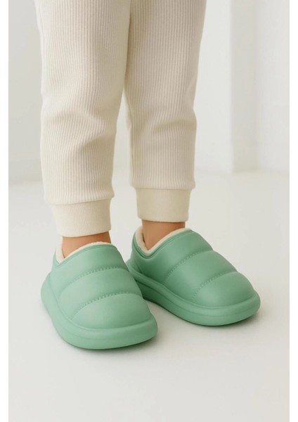 Peluş Içi Yünlü Kışlık Panduf Su Yeşili Çocuk Ev Terliği