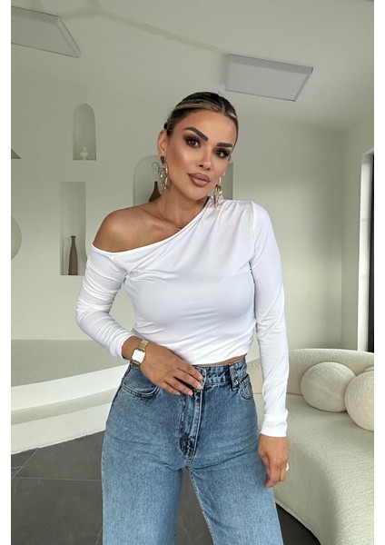 Omuz Açık Uzun Kol Bluz Beyaz modelleri