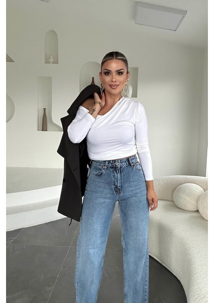 Omuz Açık Uzun Kol Bluz Beyaz fırsatları
