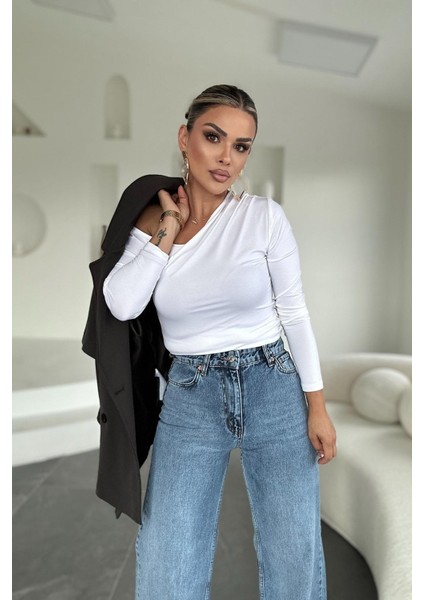 Omuz Açık Uzun Kol Bluz Beyaz
