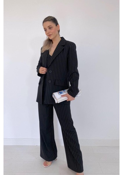 Siyah Çizgili Ceket - Yelek ve Pantolon Takım