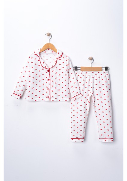 %100 Pamuk Organik Çift Katlı Muslin Kırmızı Kalp Desenli 2’li Pijama Takımı