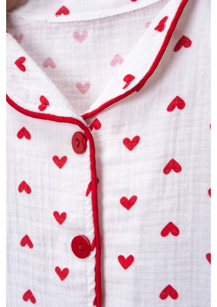 %100 Pamuk Organik Çift Katlı Muslin Kırmızı Kalp Desenli 2’li Pijama Takımı modelleri