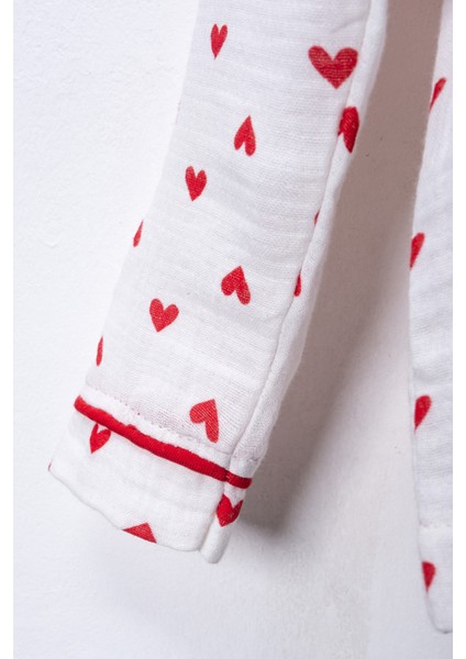 %100 Pamuk Organik Çift Katlı Muslin Kırmızı Kalp Desenli 2’li Pijama Takımı fırsatları