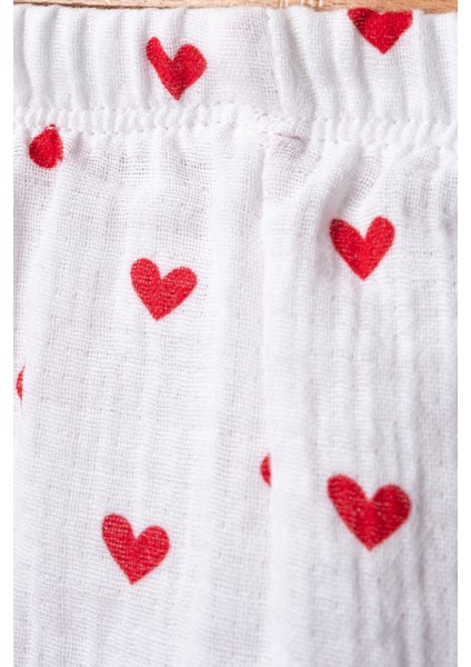 %100 Pamuk Organik Çift Katlı Muslin Kırmızı Kalp Desenli 2’li Pijama Takımı indirimleri