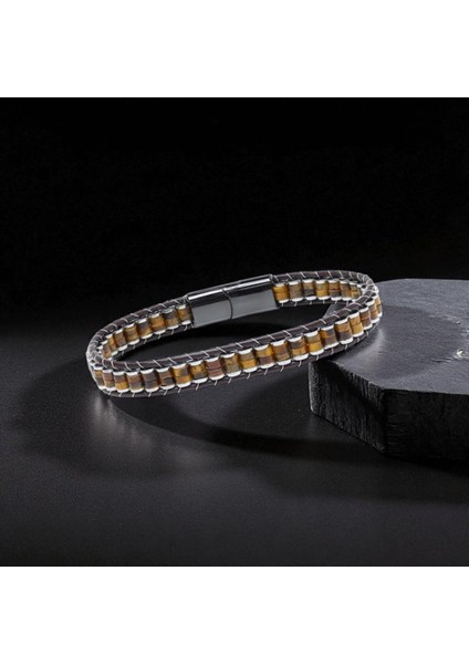 Kaplan Gözü & Hematit Çelik Örgülü Deri Bileklik 9592B22D1 modelleri