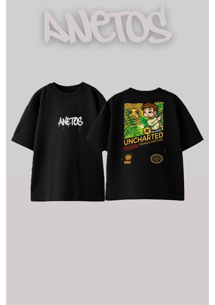 Uncharted Tasarım Sırt Baskılı Pamuk Siyah Oversize T-Shirt