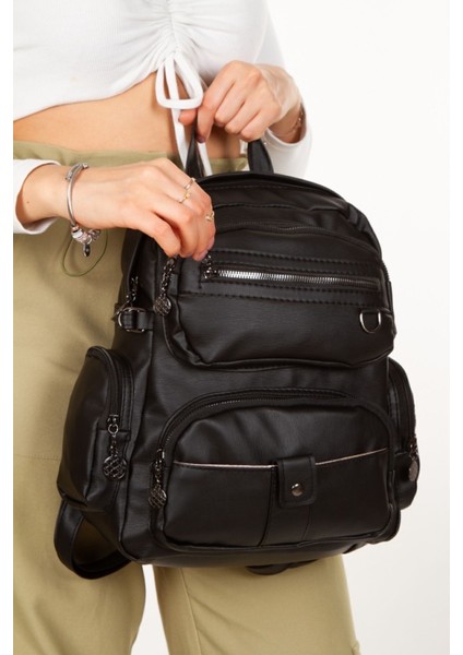 Siyah Yıkama Deri Kadın Sırt Çantası, Kadın Çanta Omuz Çantası