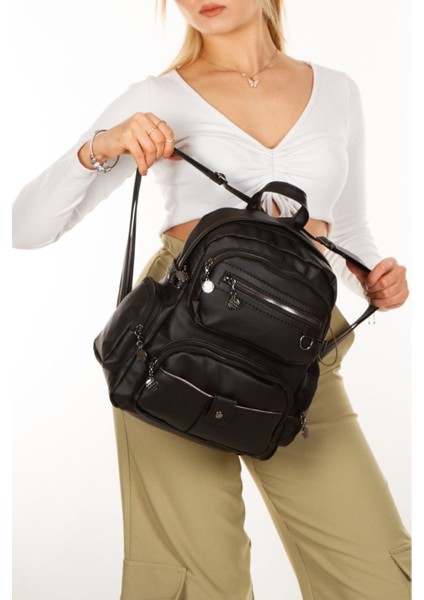 Siyah Yıkama Deri Kadın Sırt Çantası, Kadın Çanta Omuz Çantası