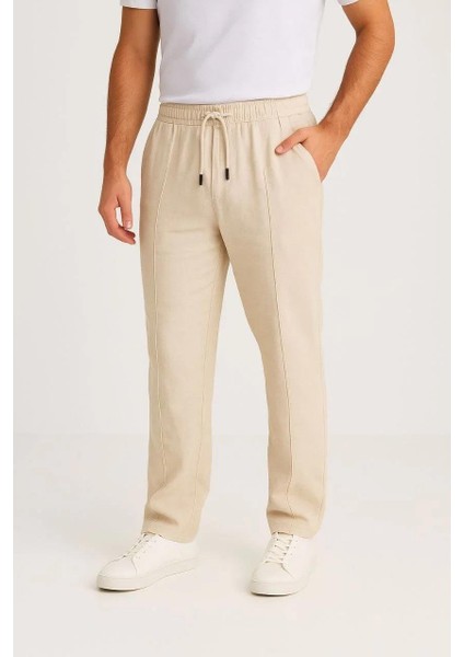 Erkek Keten Pantolon – Cepli, Beli Lastikli ve Bağcıklı, Nefes Alan Rahat Kalıp, Yazlık ve Baharlık Günlük Giyim, Şık & Konforlu Boru Paça Model - Bej