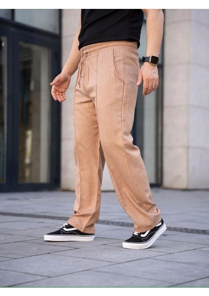 Erkek Keten Cepli Çıma Dikişli Jogger Buggy Pantalon Rahat Kalıp - Kahverengi