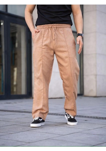 Erkek Keten Cepli Çıma Dikişli Jogger Buggy Pantalon Rahat Kalıp - Kahverengi
