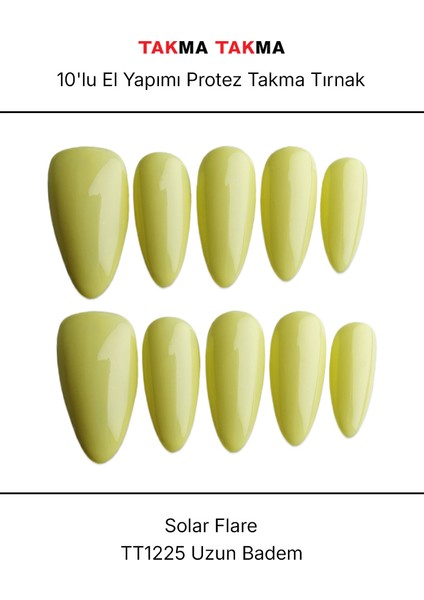 10'lu Sarı Uzun Badem TT1225 Tekrar Kullanılabilir El Yapımı Protez Takma Tırnak - Ten Rengi-Sarı-L fırsatları
