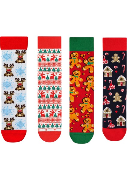 Yılbaşı Ağacı ve Geyik Figürlü Renkli 4’lü Yılbaşı Çorap Seti
