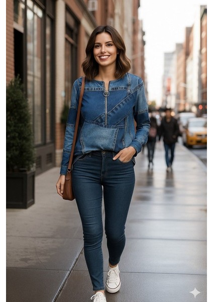 Kadın Uzun Kollu Yakadan Fermuarlı Kot Görünüm Desenli Uzun Modal Bluz modelleri