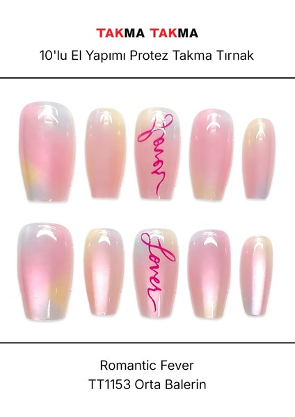 10'lu Pembe Orta Balerin TT1153 Tekrar Kullanılabilir El Yapımı Protez Takma Tırnak - Pembe-XS