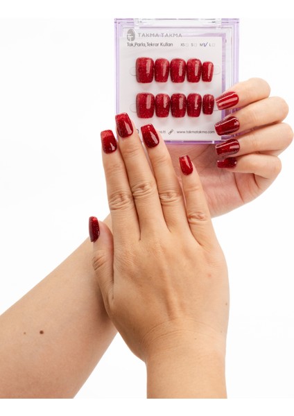 10'lu Kırmızı Kısa Balerin TT1242 Tekrar Kullanılabilir El Yapımı Protez Takma Tırnak - Kırmızı-L