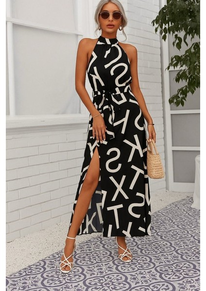 Kadın Omuzlardan Açık Halter Yakalı Yırtmaçlı Çiçek Desenli Süprem Elbise modelleri