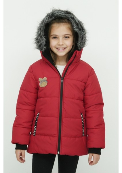 Kız Çocuk Peluş Astarlı - Fermuar Kapatmalı-Kürklü Kapüşonlu Mont 12357